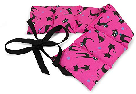 Coussin aux graines de lin, avec sangles, 65x15 - Bouillotte sèche - utilisable à chaud au four et micro-ondes - Compresse froide - à 7 compartiments, chat noir - fuchsia, 65x15 cm