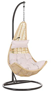 Hängesessel mit Gestell Beige Rattan mit Sitz- und Kopfkissen Boho Stil Atri II