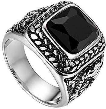 Flongo Herrenring Männer Ringe Daumenring Bandring Siegelring mit Glas Edelstein Silber Schwarz Drache Schnitzerei Klassiker Charm Herren-Accessoires Größe 70