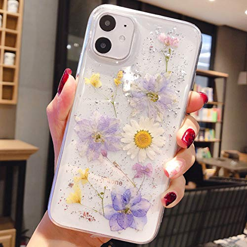 Tybiky iPhone 12 Hülle, Schutzhülle mit Echter getrockneter Blume, Kristall Gel, Ultra-Dünn, Blume Bumper, Weiß-Lila für Apple iPhone 12, 12 Pro