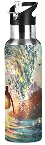 Cool Danse Surf Mer Vague Isotherme Bouteille d'eau avec Paille, Gourde Sport en Acier Inoxydable 600ML Gourdes sans BPA pour Enfant Garçon Fille École Bureau