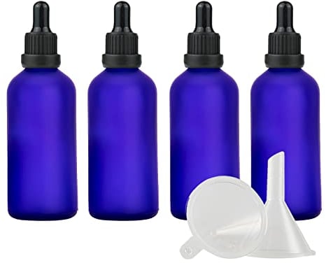 ZEOABSY 4 Pieces 100ml Empty Frosted Blue Glass Dropper Bottles with Black Tamper-Proof Pipette for Essential Oil Aromatherapy Travel Cosmetics Storage Containers