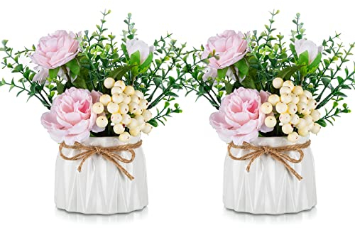 BLOSMON Kunstblumen im Topf Deko: 2 Stück Mini Rosa Künstliche Rosen Künstlich Blumen mit Vase für Tischdeko Wohnzimmer Zuhause Dekoration Fake Blume Pflanzen Schlafzimmer Hochzeit Party Büro Decor