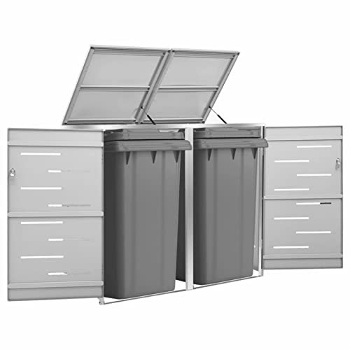 MOONAIRY Mülltonnenbox für 2 Tonnen, Mülltonnenverkleidung, Gartenbox, Gartenschrank, Mülltonnenschrank, Geräteschrank, 138x77,5x115,5 cm Edelstahl