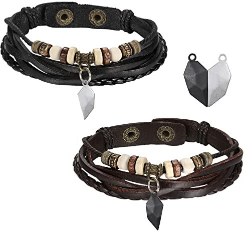 JewelryWe Herz Magnetisch Lederarmband für Paar: 2pcs Partnerarmband Freundschaftsarmband Retro Yin Yang Magnetstein Geflochten Verstellbar Leder Armband Manschette Armreif Geschenk für sie und ihn