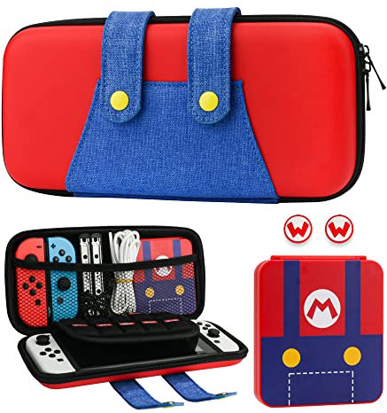 GLDRAM Tragetasche Bundle für Nintendo Switch und Switch OLED, Thema für Mario Reisetasche für Switch, Tragezubehör-Kit mit Spieletui, Daumengriffkappen-Rot