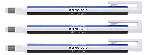 TOMBOW 3 Stück Radiergummi MONO Zero Classic Rechteckige Spitze 2,5 x 5 mm weiß/blau/schwarz