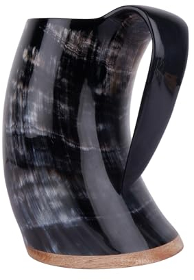 Viking By Heart Viking Drinking Authentic Horn Mug with Wooden Base, Approximately 500ml Capacity Liquid Holding Capacity, Unique Beer Gift for Men, Women, Husband, Boyfriend