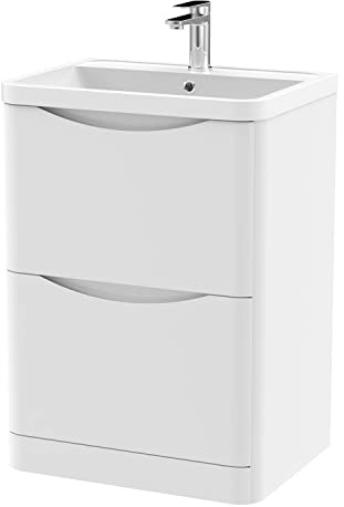 nuie LUN101 Lunar Modern Bathroom Floor Standing 2 Drawer Vanity Basin Unit with Polymarble Basin, 600mm, Satin White