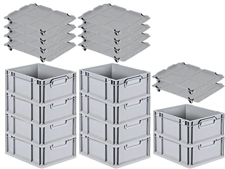 PROREGAL SuperSparSet 10x Eurobox NextGen Grip mit Auflagedeckel & 4 schwarzen Schiebeschnappverschlüssen, HxBxT 17x30x40cm, 16 L, Grau, Griffe geschlossen, Eurobehälter, Transportbox