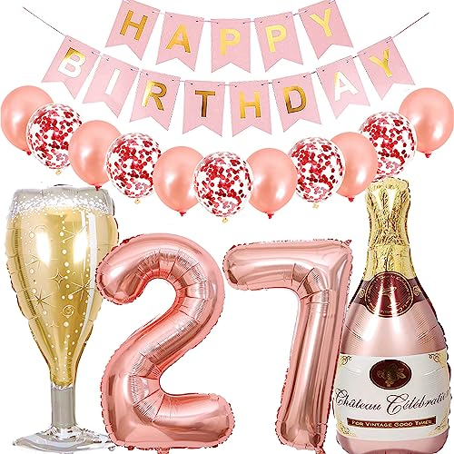 Dalettu Luftballon 27. Geburtstag Deko Frau, Folienballon Weinflasche Sektflasche Rose Gold Helium Ballon Deko, Geburtstagsdeko 27 Jahre Frauen, Happy Birthday Banner für 27 Jahr Geburtstag Party Deko