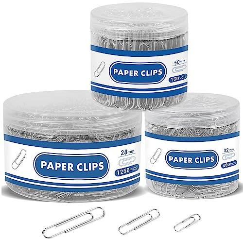 1800 Paper Clips Assorted Sizes, Small Medium Large, 3 Storage Containers