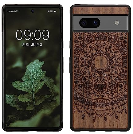kwmobile Hülle kompatibel mit Google Pixel 7a Hülle - Holz Case - Handy Cover - TPU Handyhülle in Dunkelbraun Indische Sonne