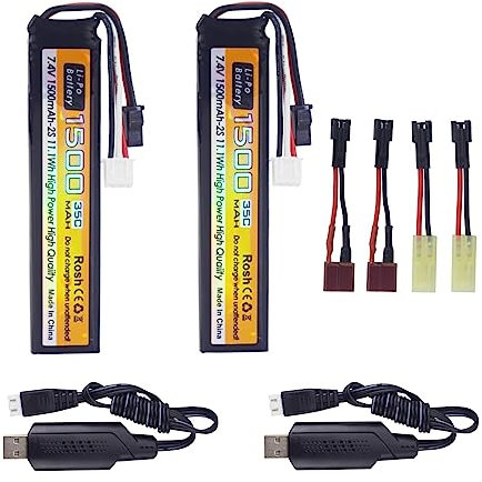 ZYGY 2PCS 7.4V 35C 1500mAh SM-2P Plug T-plug Odamiya Plug Lithium Battery with USB Charging Cable for Airsoft Model Guns Rifles Remote Control Cars Drones