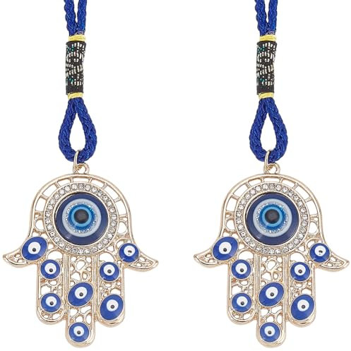 CRASPIRE 2 Stück Hamsa-Hand-Amulett-Anhänger, Hand von Miriam Mit Bösem Blick, Hängende Verzierung, Anhänger, Dekorationen, Blau, Glücksschutz, Legierung, Emaille, Dekor, Zubehör, Geschenk Für Auto