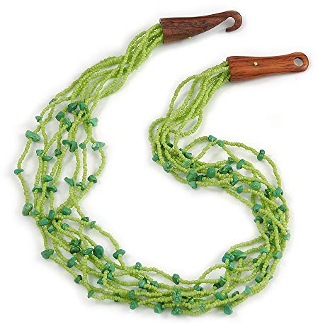 Avalaya Collier ethnique en perles de verre vert anis / pierre semi-précieuse avec fermoir crochet en bois / 60 cm de long, taille unique, Bois, verre, pierre semi-précieuse