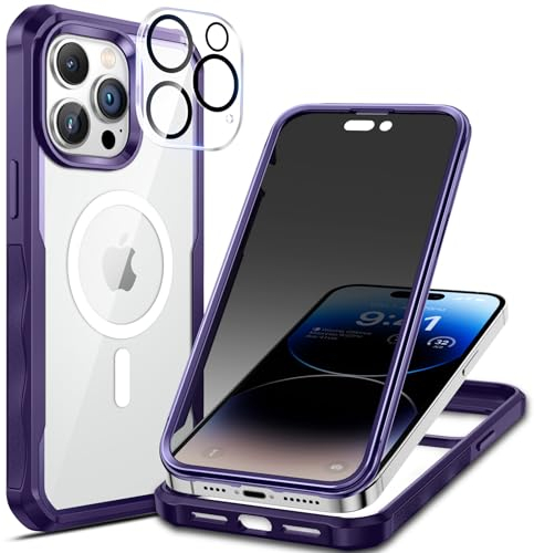 seacosmo Anti Espion Coque iPhone 14 Pro Magnétique Compatible avec MagSafe, Anti Peeping Antichoc Housse avec Protection écran Verre Trempé Privacy + Protecteur Caméra [HD 9H Dureté] - Violet