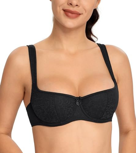 Lemorosy Women's Dirndl Bra with Underwire Balconette Bra Half Cup with Padded Wide Straps Soft Comfortable Good Support, black, 32D