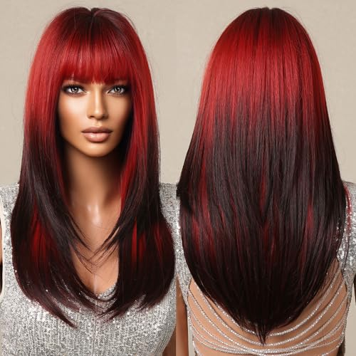 Allbell Perücke Damen Rote schwarze Perücke für Frauen lange gerade Perücke mit Pony Naturhaar synthetische Cosplay Perücke