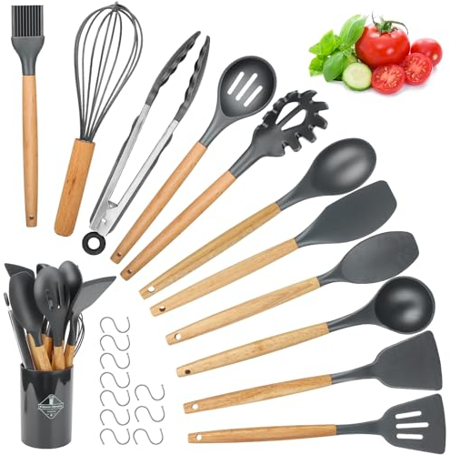 Kitchen Utensil Set, hicoosee 22 Pieces Silicone Cooking Utensils Set, Natural Wooden Handles Cooking Tool BPA Free Non Toxic Non Stick Heat Resistant Silicone Kitchen Gadgets Utensil Set, Grey