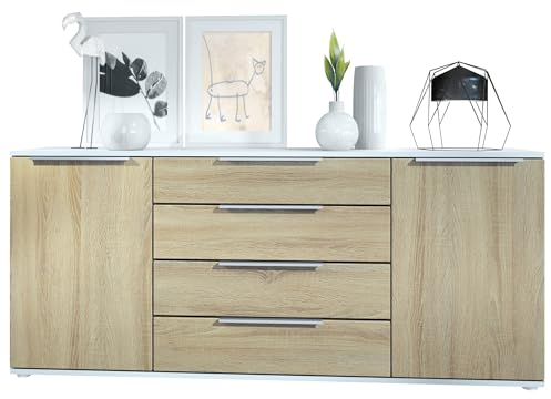 Vladon Sideboard Linio V2 166,5 x 72,5 x 35 cm Anrichte mit 2 Türen und 4 Schubladen, Korpus in Weiß matt, Fronten in Eiche sägerau