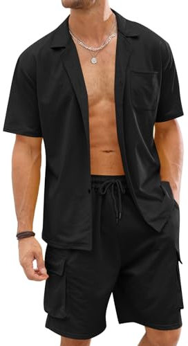 Fastkoala Herren Trainingsanzug Outfit Set Zweiteiler Knopf Anzüge Sommer Hemden & Kurze Jogginganzüge 2 Teiler Schwarz XL