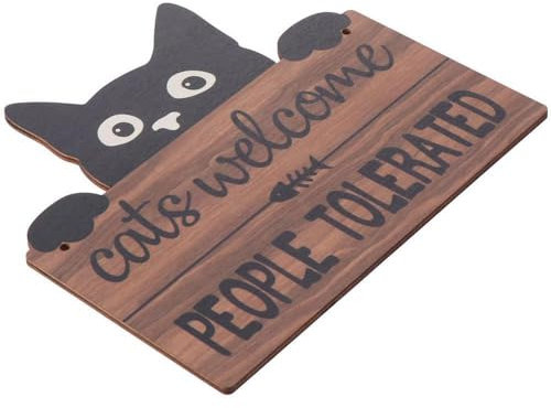 Funny Black Cat Welcome Sign - 'Cats Welcome, People Tolerated' - Wood Plaque, 25x28cm - Indoor/Outdoor Quote Decor for Home, Garden, Pet Lovers - Easy to Hang