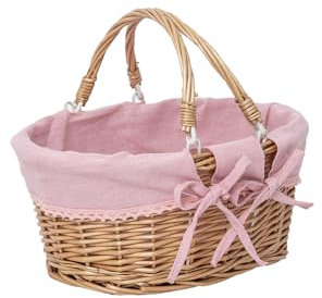 Panier en osier avec doublure rose amovible, panier de rangement en saule pour cadeaux avec double poignées, panier de Pâques, mariage, collecte d'œufs, rose