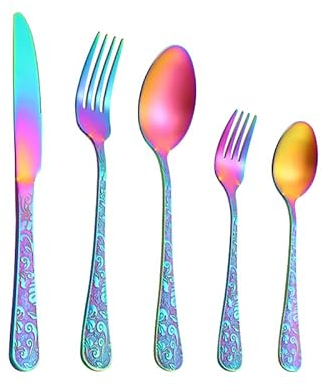 Ensemble d'argenterie, 5 pièces vaisselle complète ensembles de dîner de luxe gravure couverts en acier inoxydable ensemble de couverts de couteau cuillères fourchette cuillère à thé