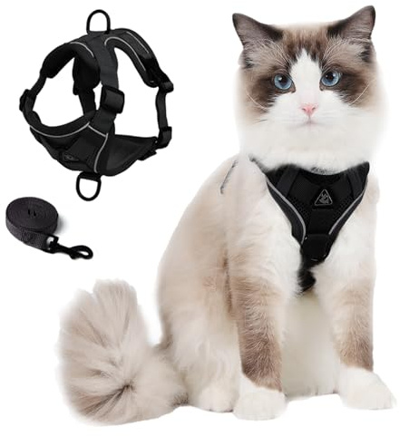 Skmeditec Cat Harness and Leash Set: Upgraded Escape Proof Vest with Lead for Large Cat Small Dog Puppy Walking, Soft Jacket Reflective Strips, Black (XL)