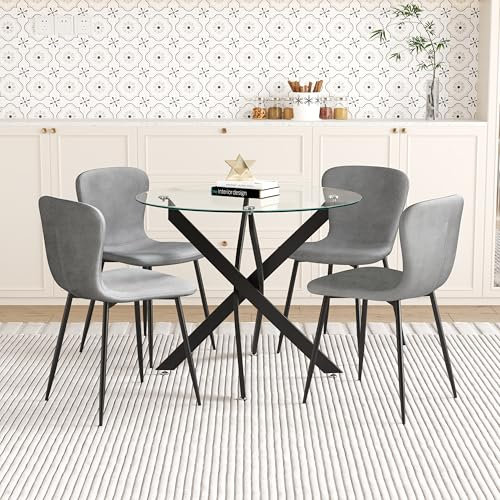 GOLDFAN Rund Esstisch mit 4 Stühlen Moderner Küchentisch Glas Tisch Set Esszimmerstuhl aus Stoff, Esszimmertische für Esszimmer Wohnzimmer, 90cm, Grau