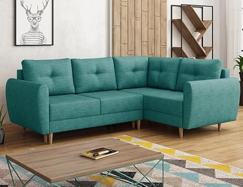 Easy4You Türkis Ecksofa Manstad in L-Form 234x90x160 cm mit Schlaffunktion und Bettzeugbehälter - Schlafsofa mit Bettkasten und Holzfüße - Eckcouch Rechts mit Stauraum - Stoff: Lux 30