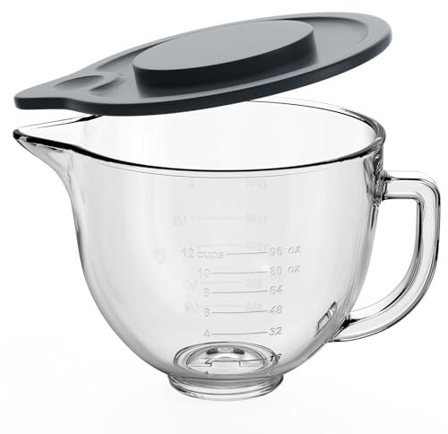 Cuenco de vidrio compatible con batidoras KitchenAid de 4.5 a 5 cuartos de galón, tazón de vidrio de repuesto con marcas de medición y boquilla de vertido para accesorio mezclador de ayuda de cocina,