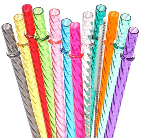 Dakoufish 10 Inch Reusable Clear Plastic Swirl Drinking Straws for 16 oz & 24 oz Jars/Tumblers,Set of 12 Pcs Replacement Straws with Cleaning Brush (10inch, 12color)
