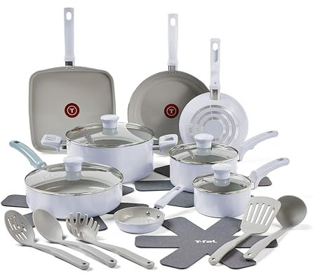T-fal Refresh Ceramic, Ceramic Non Stick Cookware Set 20 Piece, Oven Broiler Safe 350F, Kitchen Set w/Egg Pan, Frying Pans, Saucepans, Griddle, Sautepan, Dutch Oven, Lids & Utensils, Pots, Pans, Blue