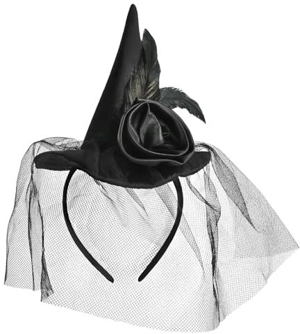 TAXTYHRE Hexenhut Haarreif, Hexenhut Stirnband, Hexenhut Haarreif Damen, Hexen Haarreif, Hexen Kopfschmuck Damen, Mit Schleier, Federn, Schleife, Geeignet für Karneval, Maskeraden und Mottopartys