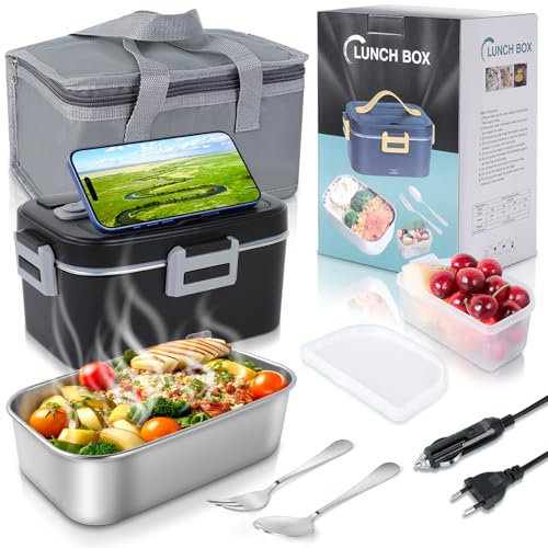 Romon Gamelle Chauffante, 75W Lunch Box Chauffante Lunch Box Chauffante Electrique 1.8L Acier Inoxydable 12V/24V/220V Gamelle Isotherme Repas Chaud pour Voiture Camion, Boite Chauffante Repas,Noir