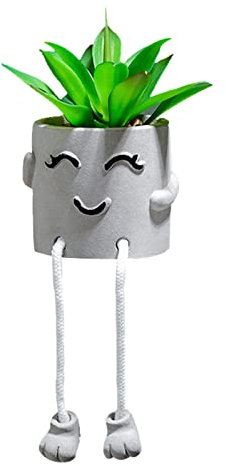 IUYYPU Artificial Succulents in Pots with Hanging Leg, Cute Fake Succulent Plant, Mini Faux Potted Succulents for Home/Office/Shelf Decor (Grey Smiley Face)