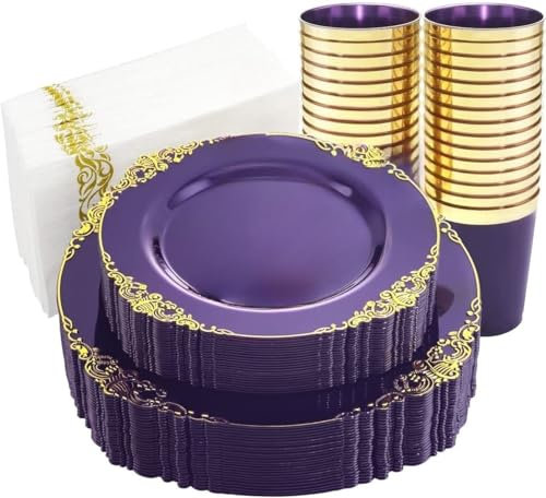 LATERN 100 Stück Mehrweg Lila und Gold Plastikgeschirr, 25 x 26CM Speiseteller, 25 x 19CM Salatteller, 25 x 300ml Tassen, 25 x 42CM Servietten für 25 Gäste Hochzeit Jubiläum Garten Party