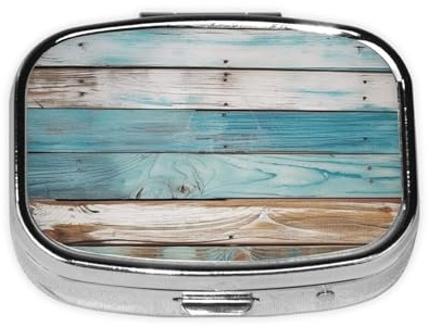 Tablettendose aus Holz, Antik-Blau, Pillendose mit 2 Fächern, Pillendose aus Metall, Vitamin-Organizer für Handtasche, Tasche, Reisegeschenk