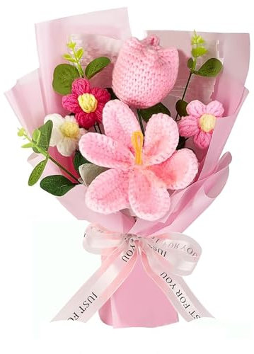 Funvalley Surperfect Häkelblumenstrauß, gestrickt, künstliche Tulpen, Blumenstrauß für Jahrestag, Abschlussfeier, Heimdekoration