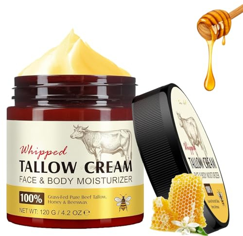 Rindertalg für Haut, Beef Tallow Creme 120g, Bio Beef Tallow Skincare, Tallow und Honigcreme Natürliche Tallow Face Moisturizer für Gesicht und Körper, Unparfümierte, Schnell Einziehende