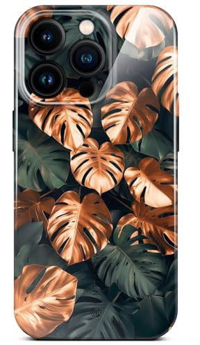 ONEFLOW Flower Cover für iPhone 14 Pro Hülle in Floral Optik, Blumen Designer Case Handy Schutzhülle mit Kameraschutz, Hardcase dünne Handyhülle Blumenmuster, Grün Gold