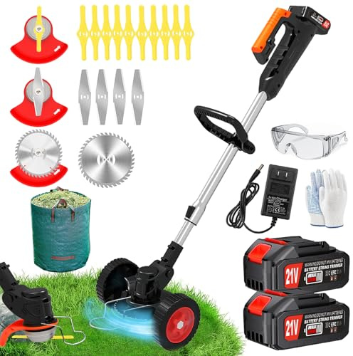 Cordless Weed Wacker Electric Eater Battery Powered, 21V Lightweight No-String Weed Trimmer with 2 Battery Operated & Wheels, 3 in 1 Stringless Grass Trimmer/Edger/Brush Cutter for Garden Yard Lawn