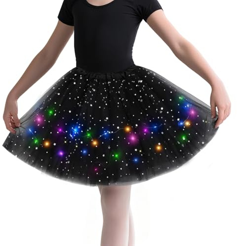 LED Tüllrock Damen Tütü Rock, 40CM Sterne Pailletten Ballettrock Schwarz, Minirock Mit LED Lichter, Tüllrock Damen für Halloween Kostüm Karneval