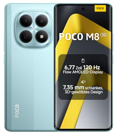 XIAOMI POCO M8 Smartphone 8+256 Go Snapdragon® 6 Gen 3 - Vert | Écran AMOLED Flow 120Hz de 6,77, double caméra IA 50 Mpx, design 3D incurvé 7,35mm, 2 ans de garantie, chargeur non inclus