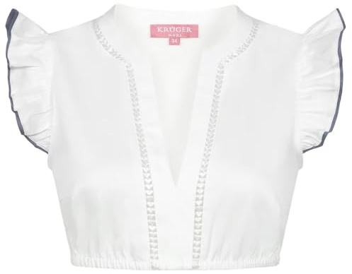 Krüger Dirndlbluse Lebenslang Flügelarm V-Ausschnitt mit farbigem Saum (DE/NL/SE/PL, Numerisch, 40, Regular, Regular, weiß)