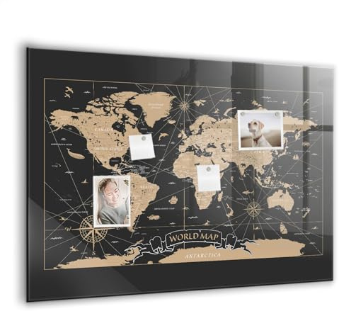 Magnettafel aus Glas mit Neodym-Magneten | Hochwertige Glasmagnettafel für Büro, Küche & Homeoffice | Schreibtafel abwischbar, kratzfest & modern im Design - 100x70cm Vintage-Weltkarte