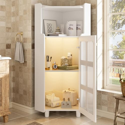 BTM Weißer Eck-Schrank mit Lackoberfläche & LED-Beleuchtung – Moderne Eck-Kommode App-Steuerung, für Wohnzimmer, Bücherregal, Badezimmer (63.5 * 124cm, Weiß)