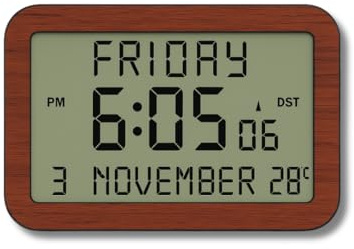 Radio-Controlled Digital Clock with Extra-Large Display 20 x 12.5 cm | Wood-Effect Finish | Atomic Accuracy | Twin Alarms | Day Date Temperature | Backlight